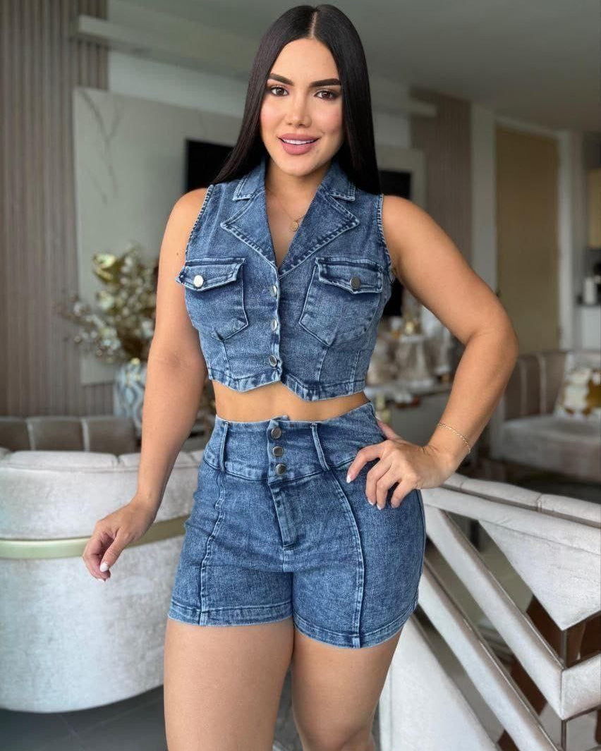 Conjunto Denim Crop con Chaleco y Short