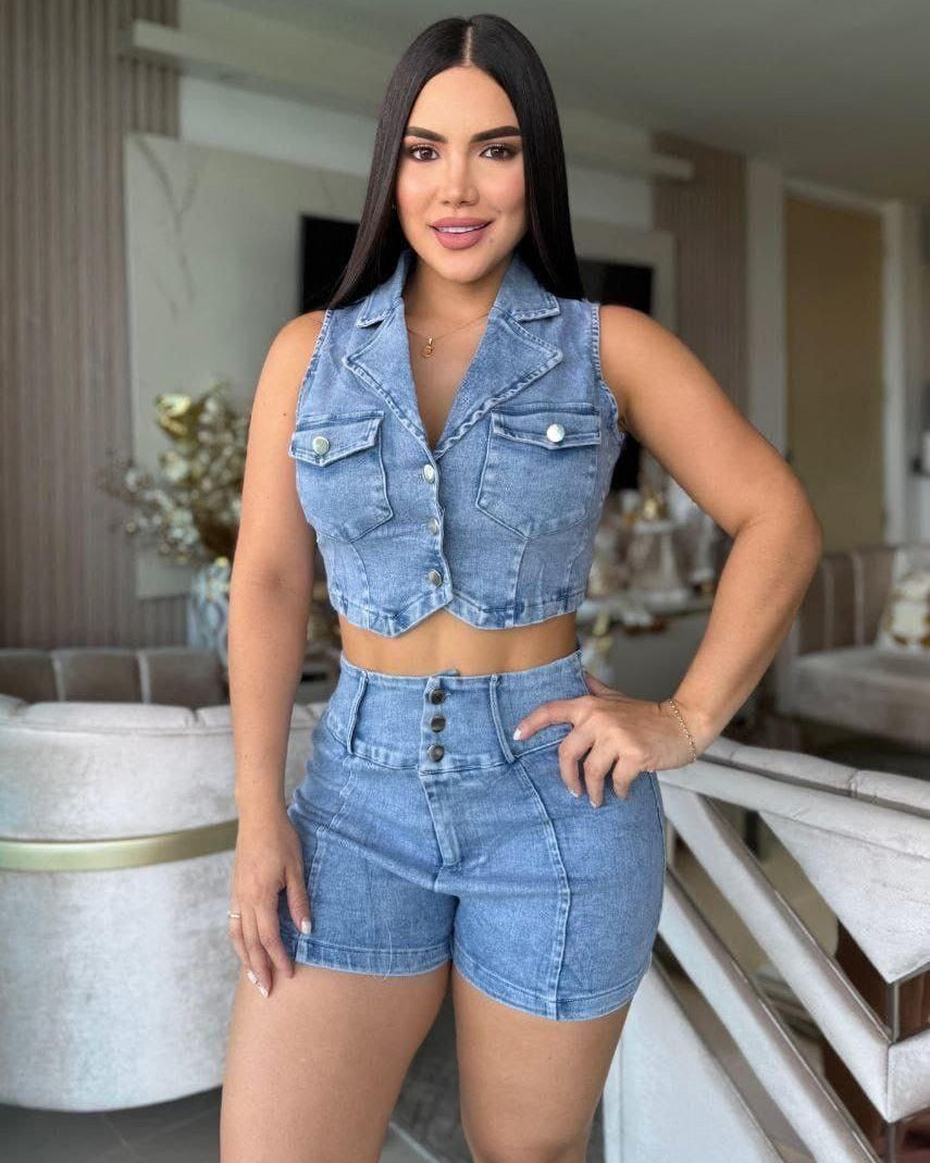 Conjunto Denim Crop con Chaleco y Short