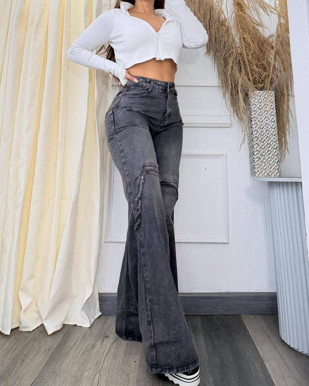 Jean Tiro Alto Bota Campana Gótico Denim